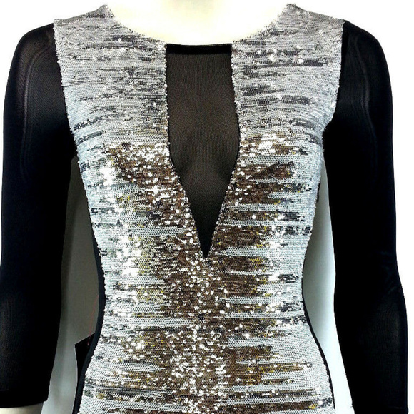💋 BEBE Black Silver Sequin Bodycon XXS new RARE 💋 - Picture 2 of 8